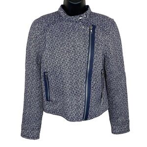 Small New Gap Wool Tweed Blue White Moto Coat Jacket Zip Closure Long Sleeve